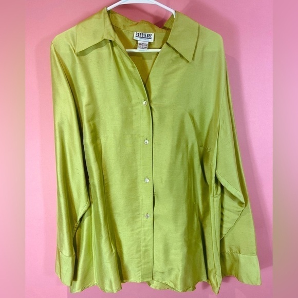 Robbie Bee vintage silk shantung button blouse Y2K chartreuse green 1X - Picture 7 of 11